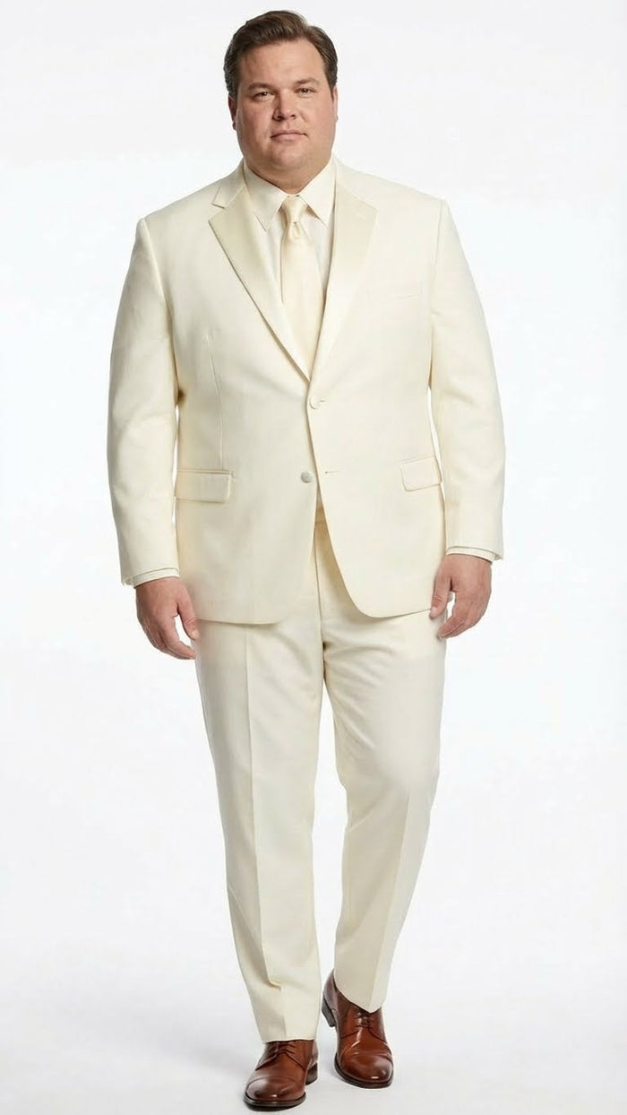 Men's ivory tuxedo suit with satin notch lapel. Single-breasted jacket with two front pockets & matching trousers. Elegant formal wear.

