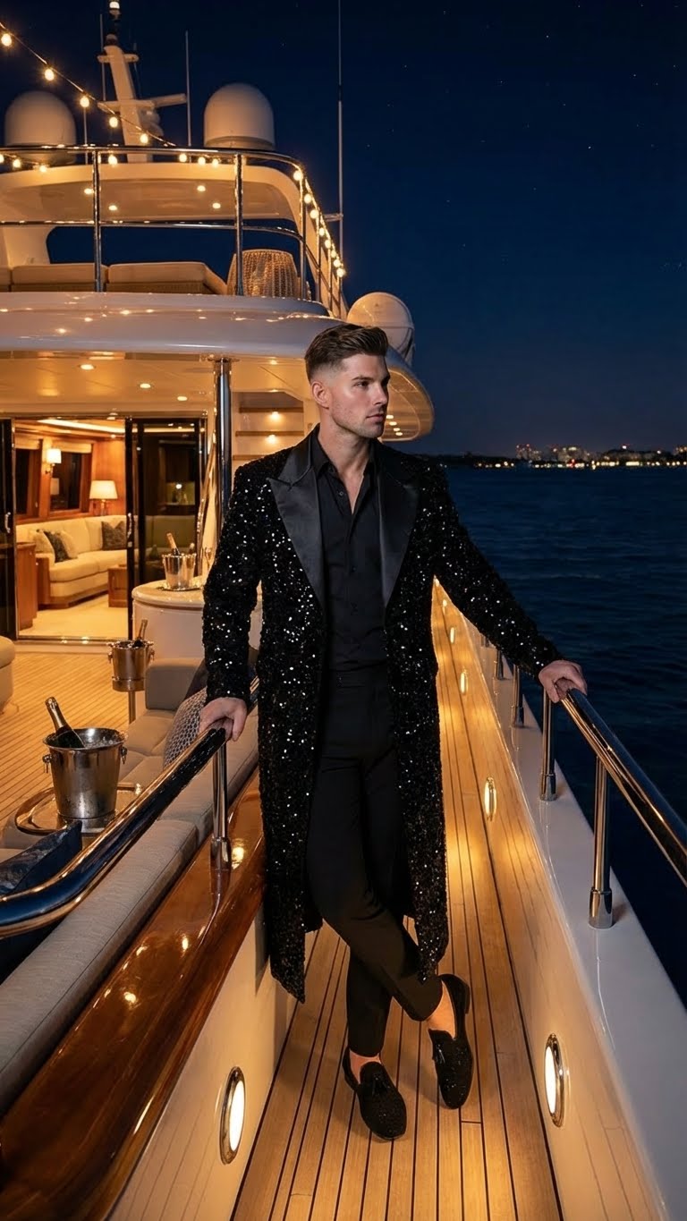 Men's black sequin long coat with satin shawl lapel, slim fit. Fully sequined for a shiny effect, contrasting satin lapel. Structured, elongated silhouette.
