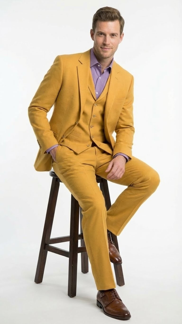 Mustard yellow three-piece suit: modern fit, two-button notch lapel. Includes jacket, vest, and trousers. Bold, matching color.
