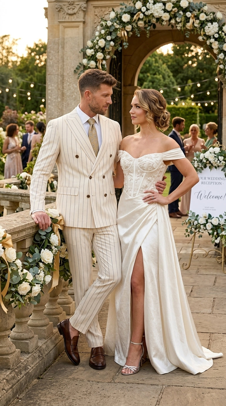 Men’s Cream Off White Pinstripe Linen Pinstripe 2 Piece Double Breasted Suit, Summer Wedding Ivory Color By Vitali