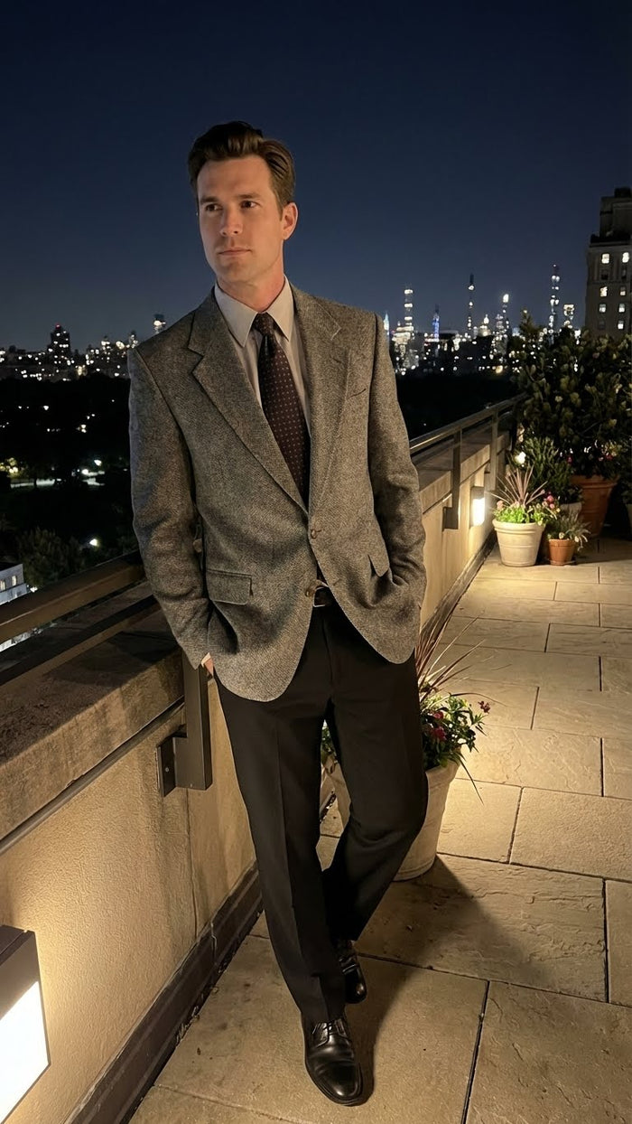 Men's dark grey blazer. Charcoal color, subtle texture, notched lapels, two front pockets, single-button closure. Wool blend for a structured fit.
