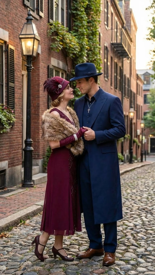 Navy blue 1920s zoot suit: fitted, wide lapels, long coat, tapered trousers. Smooth, structured fabric. Tailored seams define the silhouette.