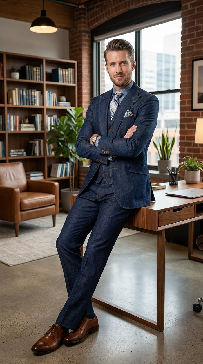 Men’s Pleated Pants Dark Blue Denim 3 Piece Suit – 100% Cotton Formal Suit Set, Blazer Vest Pants Outfit Classic Fit Athletic Fit Lose Fit