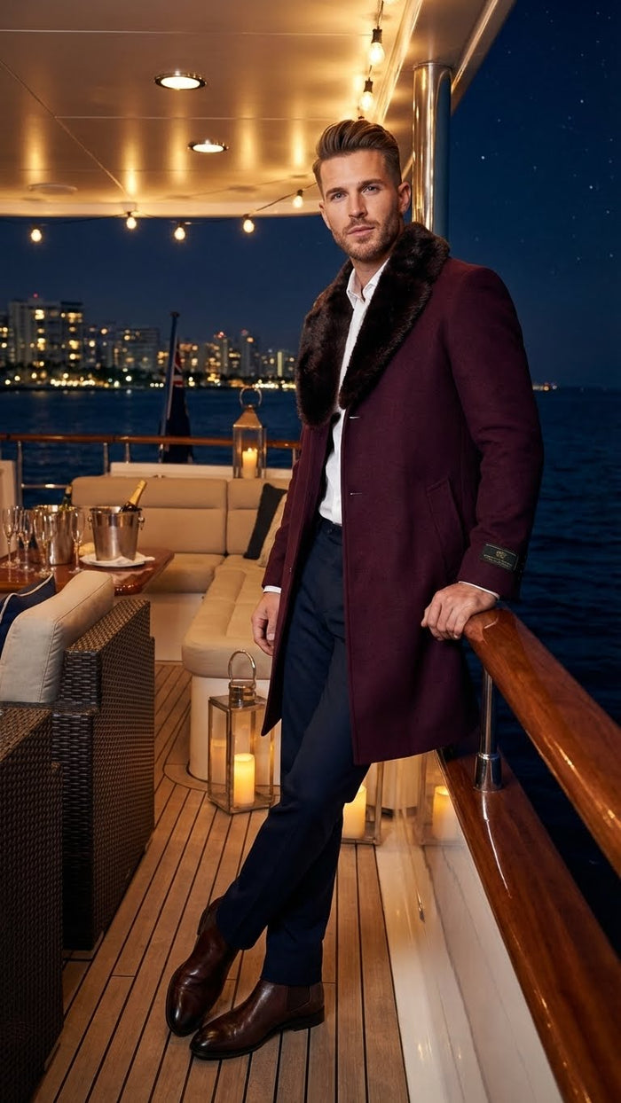 Men's burgundy three-quarter coat with faux fur collar. Textured fabric, button closure, side pockets, and a fitted silhouette.
