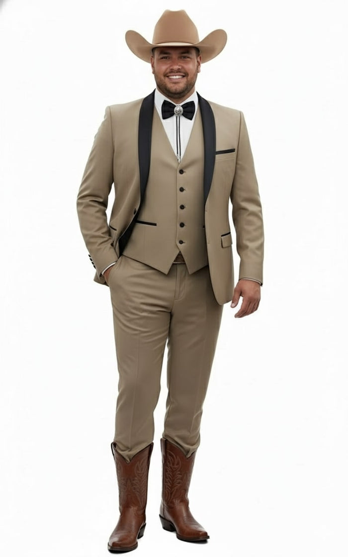 Tan cowboy tuxedo for men: three-piece suit with black lapel vest and beige pants. Fitted silhouette, detailed stitching.
