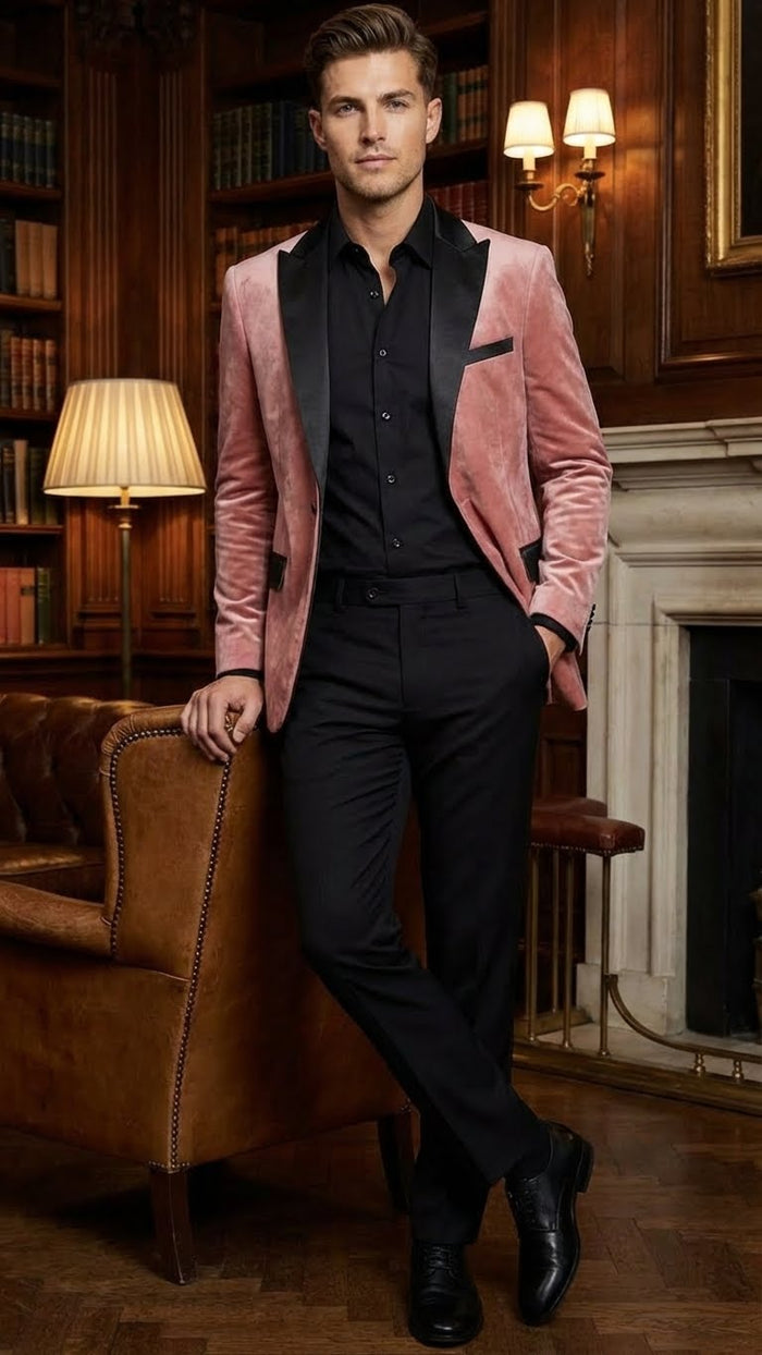 Men's dusty rose velvet blazer with black satin lapel. Fitted silhouette, single-button closure, and long sleeves. Smooth texture with contrasting black accents.

