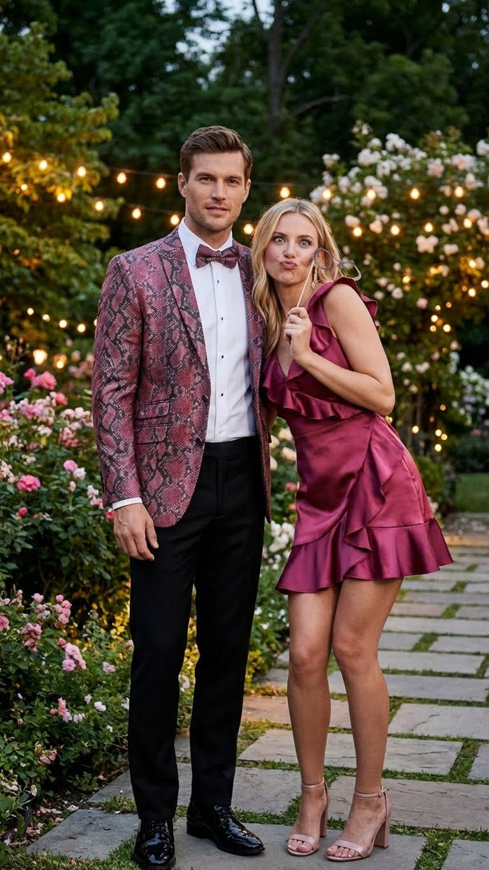 Men's burgundy & black snakeskin print blazer. Fitted silhouette, notched lapels. Bold snakeskin texture. Worn with white shirt, black trousers, and a bow tie.
