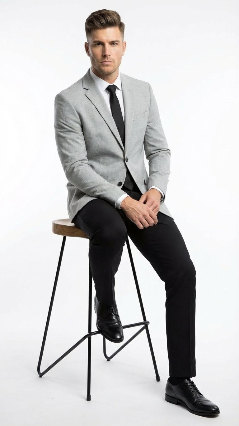 Light grey slim fit blazer with textured fabric, single-button closure, and notch lapels. Paired with black slim-fit pants and black dress shoes for a coordinated, contemporary look.
