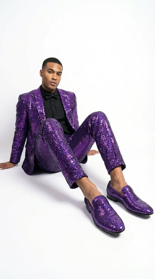 Mens Purple Sequin Dress Shoes Slip on  – Luxury Slip On Formal Loafers Wedding Prom Party Designer Footwear