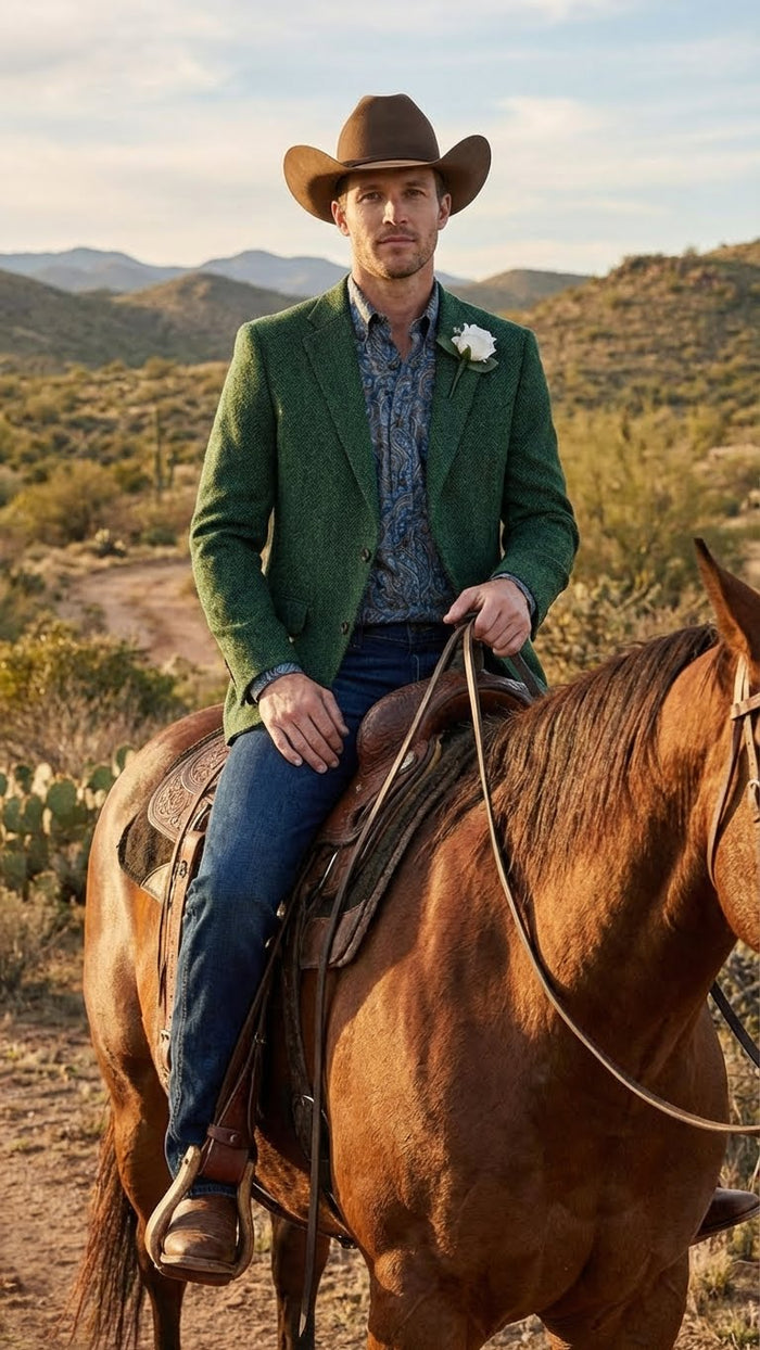 Mens Green Western Blazer Jacket – Classic Cowboy Style Sport Coat for Tweed Herringbone Country Look