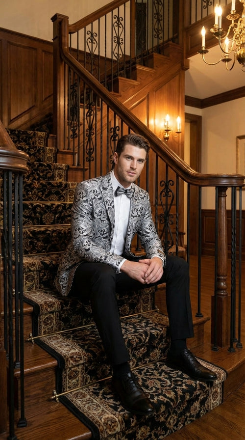 Men’s Silver and Black Paisley Prom Blazer Jacket | Printed Formal Evening Tuxedo Blazer + Free Matching Bow Tie
