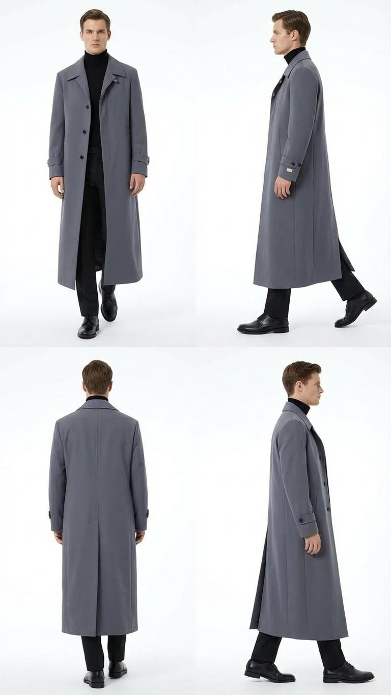 Alberto Nardoni charcoal grey men's overcoat. Full-length, straight cut, single-breasted with three buttons. Notched collar, button-cuff sleeves, slanted pockets, back vent. Tailored silhouette, durable material.
