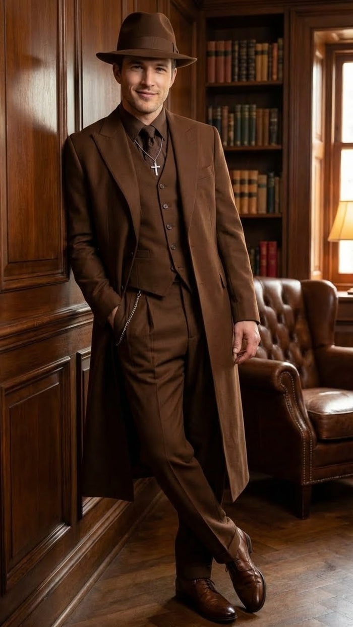 Brown 1920s zoot suit: fitted jacket w/ wide lapels, waistcoat, and tapered pants. Fine wool blend fabric, uniform brown color. Includes matching fedora and long jacket (mid-thigh).