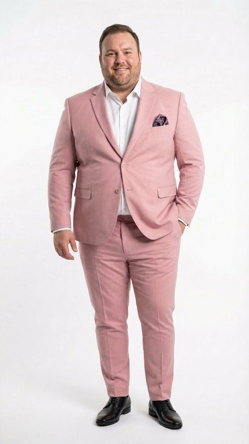 Men's formal suit in light pink, featuring a single-breasted jacket with two buttons and matching trousers. The fabric appears smooth and slightly textured, with a classic notched lapel.