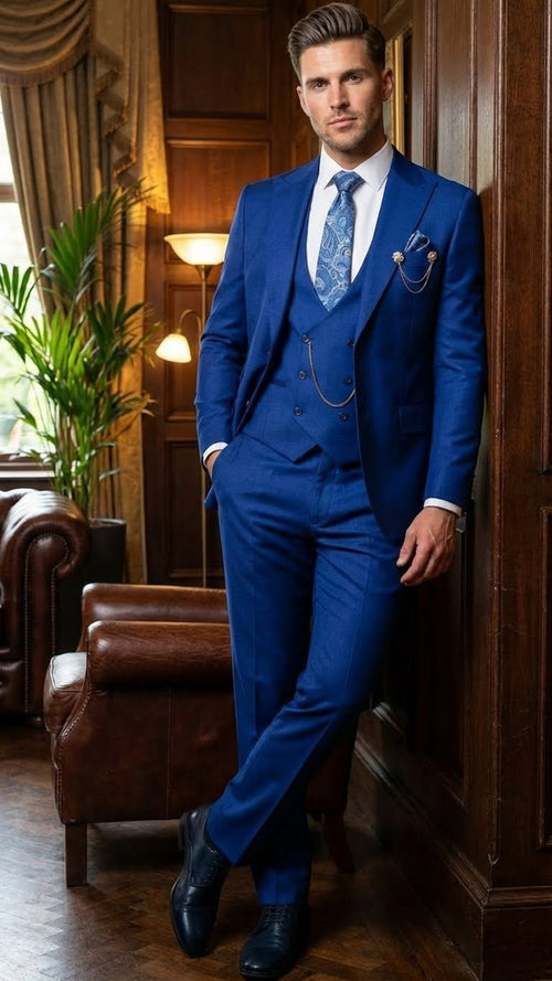 Royal blue 3-piece men's suit set. Includes tailored jacket, vest, and trousers. Smooth fabric, solid royal blue color. Jacket features a defined lapel. Vest is double-breasted. Trousers are straight-cut.