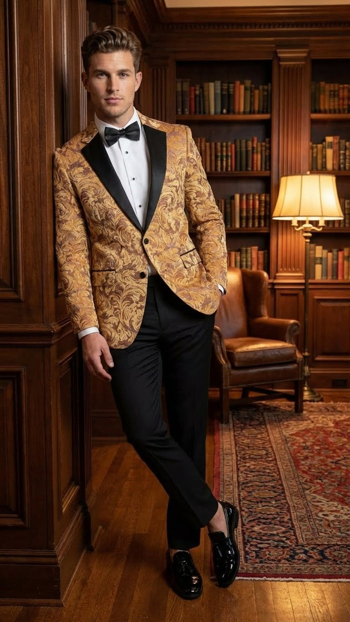 Yellow gold baroque tuxedo blazer suit. Structured, single-breasted blazer with gold/brown swirling patterns & black satin lapel. Paired with tailored black trousers for a sleek silhouette.

