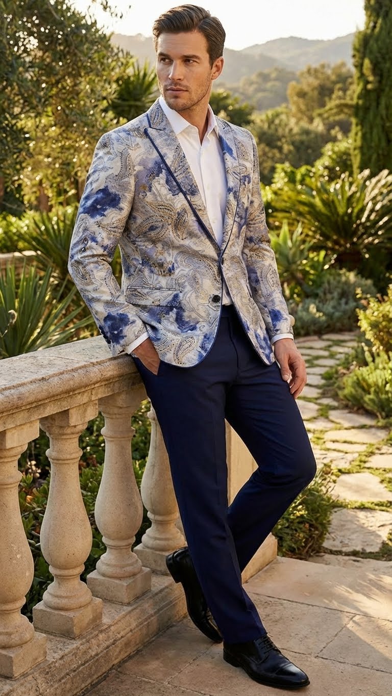 Alberto Nardoni men's navy and gray paisley blazer. Sleek design: notched lapel, single-button closure, front pockets. Intricate paisley pattern, tailored fit, perfect for formal/semi-formal events. Worn over white shirt.
