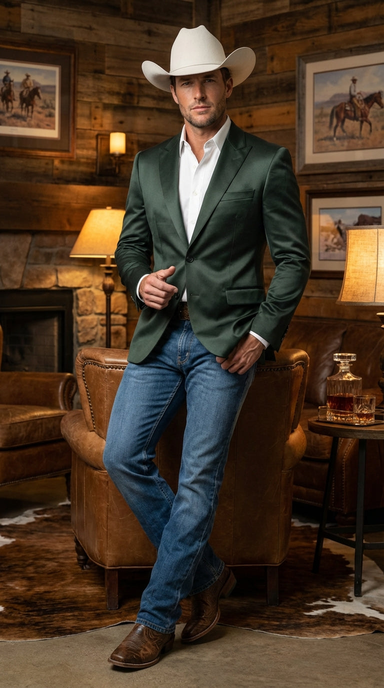 Mens Shiny Dark Green Cowboy Blazer – Western Style Satin Finish Blazer for Party, Country Hunter Color