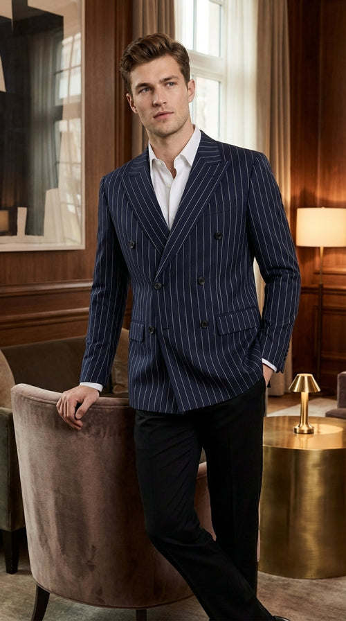 Mens Navy Blue Pinstripe Double Breasted Blazer Sport Coat – Classic Formal Business Jacket for Party and Smart Casual Wear