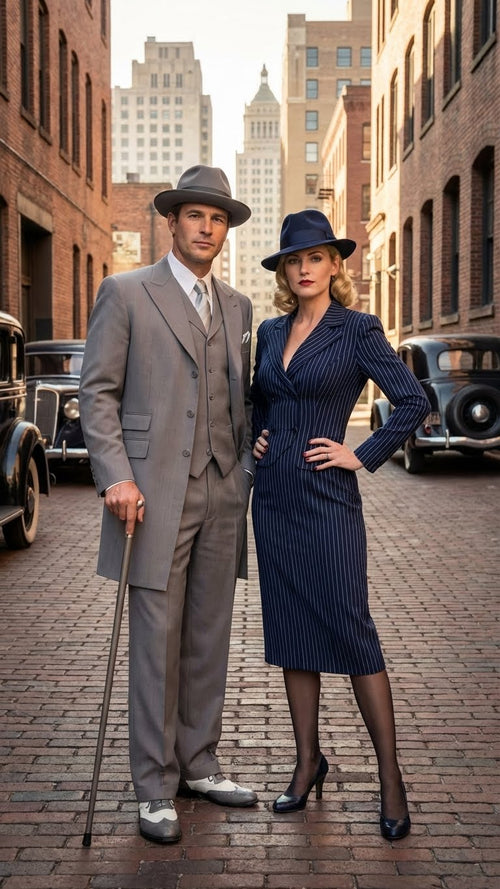 Men's gray zoot suit: long, tailored jacket with wide lapels. Loose-fitting trousers & a wide-brimmed gray hat. Two-tone gray shoes with rounded toes complete the look.
