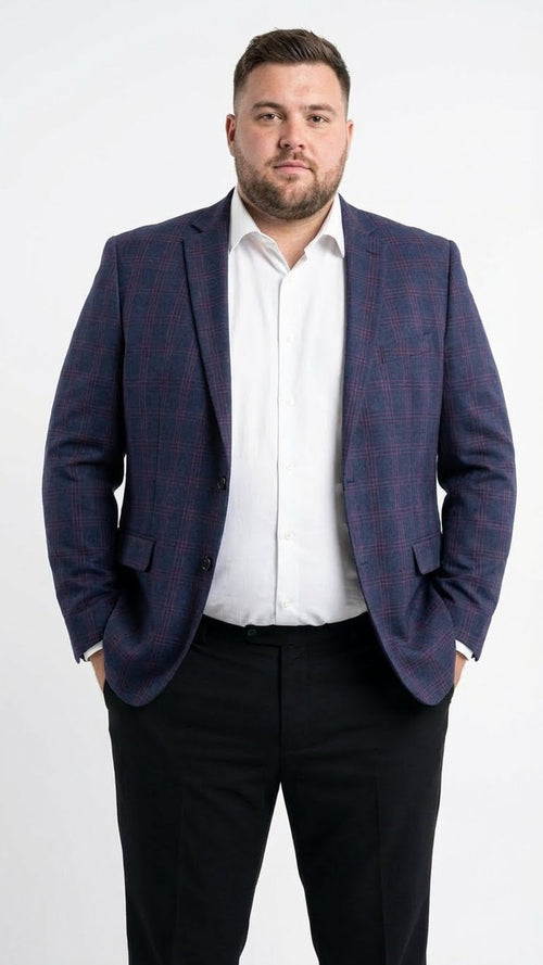 Men's big & tall jacket in navy blue with burgundy plaid. Structured fit, two-button front, notched lapels.
