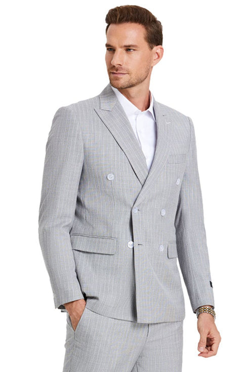 "Men's Slim Fit Double Breasted Pastel Grey Pinstripe Summer Suit"