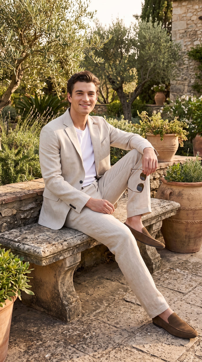 Men’s Informal Summer Suit, Light Beige Casual Linen Style Blazer and Pants Set
