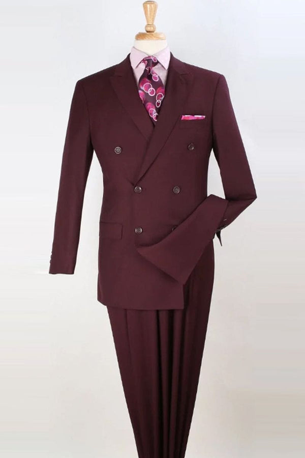 "Burgundy Men's Classic Double Breasted Luxury Wool Feel Suit - Designer Brand"