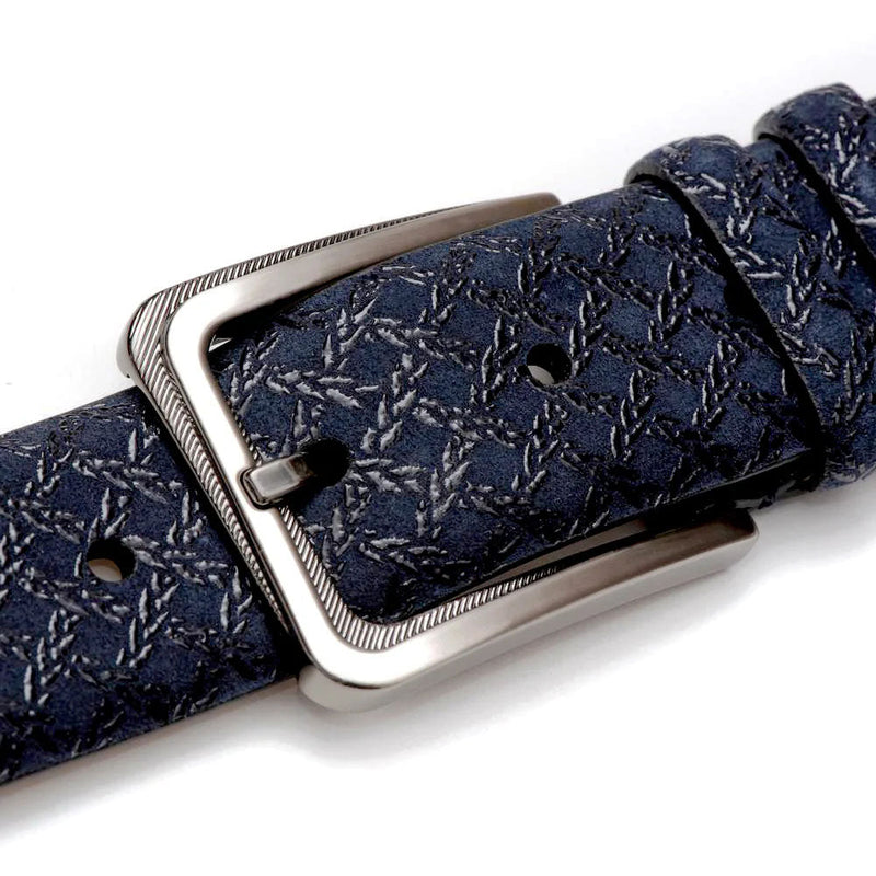Mezlan belt: Deep blue textured strap with subtle pattern and adjustable holes. Features a square, silver-toned metal buckle for secure fastening.
