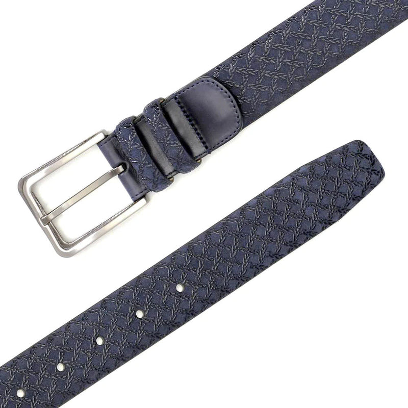 Blue Mezlan belt with woven strap and smooth buckle area. Rectangular metallic buckle. Stylish and crafted.
