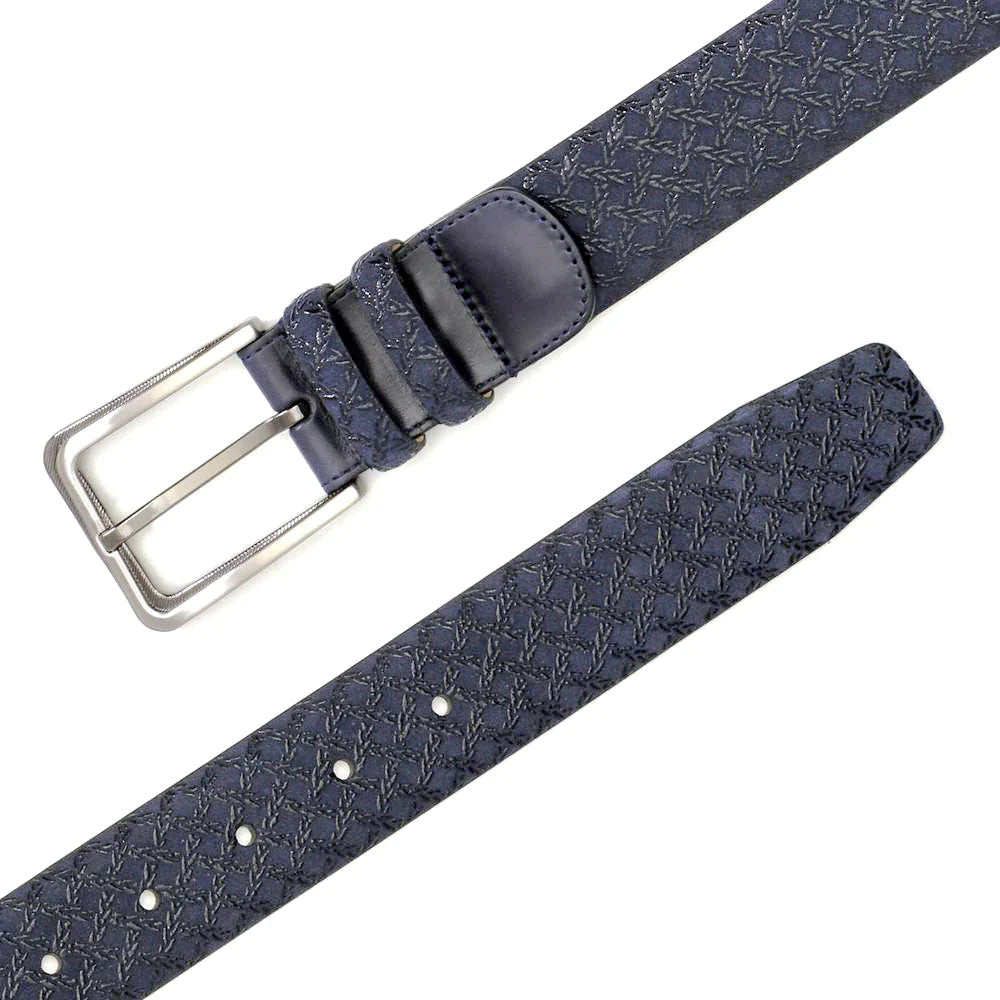Blue Mezlan belt with woven strap and smooth buckle area. Rectangular metallic buckle. Stylish and crafted.

