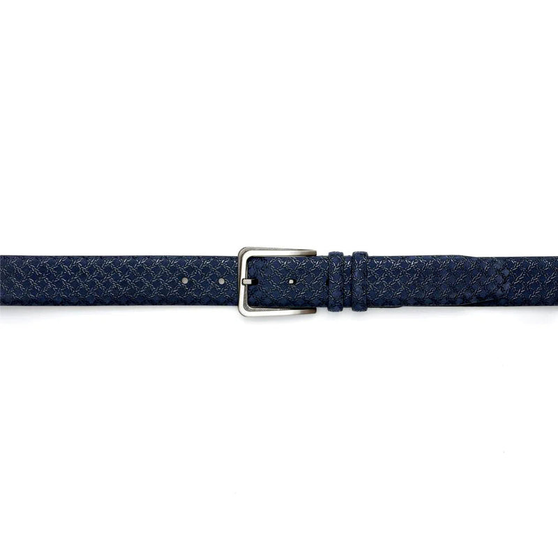Mezlan blue woven belt with textured, braided design. Features metallic silver buckle and multiple holes for adjustable fit.
