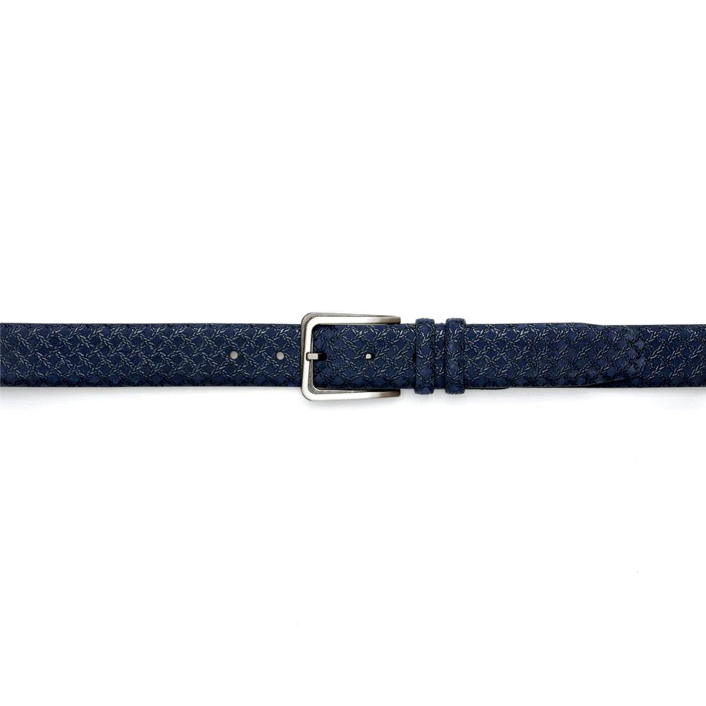 Mezlan blue woven belt with textured, braided design. Features metallic silver buckle and multiple holes for adjustable fit.
