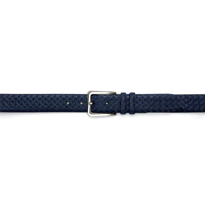 Mezlan blue woven belt with textured, braided design. Features metallic silver buckle and multiple holes for adjustable fit.
