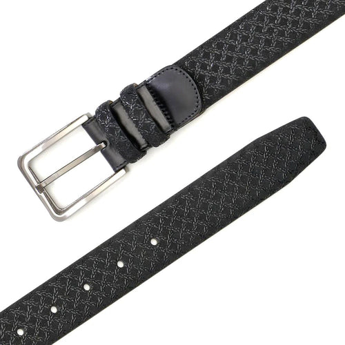 Black Mezlan belt. Patterned, textured surface. Rectangular metal buckle with leather. Tapers to end, adjustable with holes. Smooth reverse.
