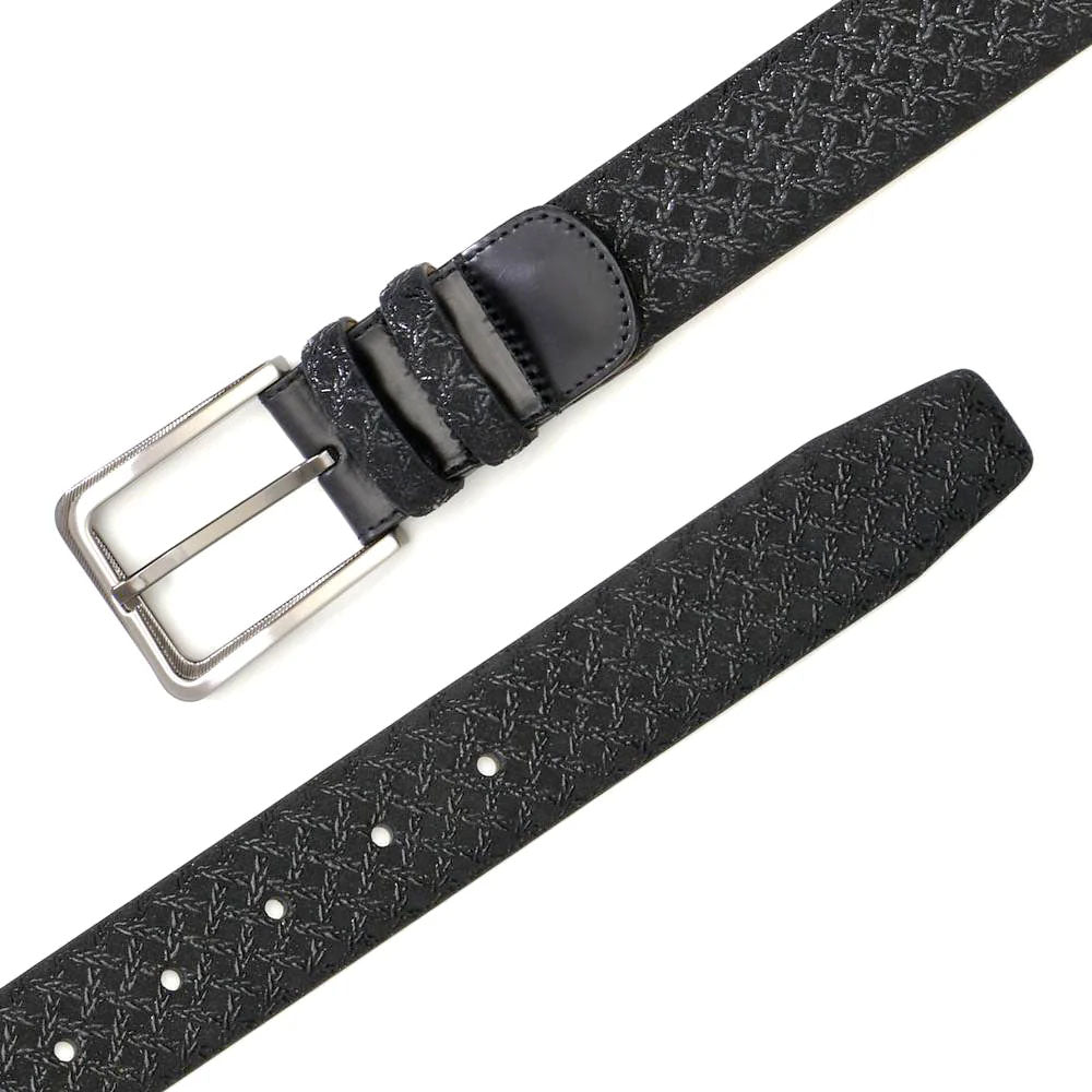 Black Mezlan belt. Patterned, textured surface. Rectangular metal buckle with leather. Tapers to end, adjustable with holes. Smooth reverse.

