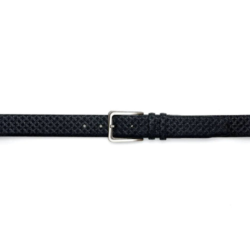 Black Mezlan belt with textured, woven-look fabric. Silver rectangular buckle. Multiple adjustment holes.
