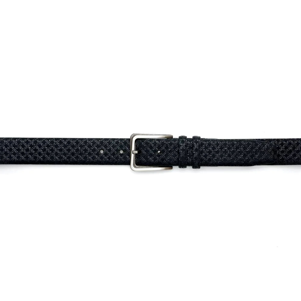 Black Mezlan belt with textured, woven-look fabric. Silver rectangular buckle. Multiple adjustment holes.
