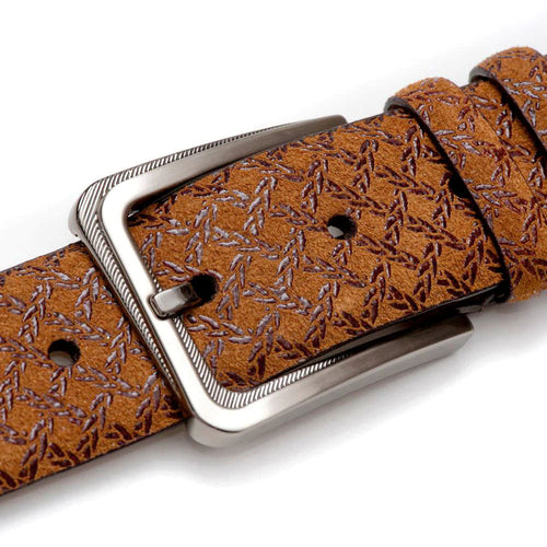 Tan Mezlan leather belt with embossed weave pattern. Rectangular, metallic buckle. Structured with multiple adjustment holes for size customization.
