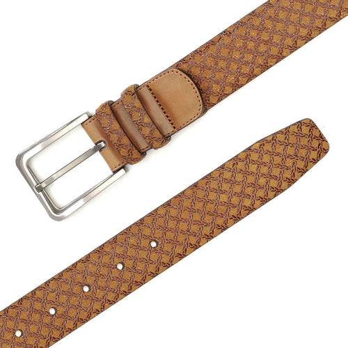 Tan Mezlan belt: Leather with textured, patterned surface. Rectangular metal buckle on wider strap. A stylish fashion accessory.
