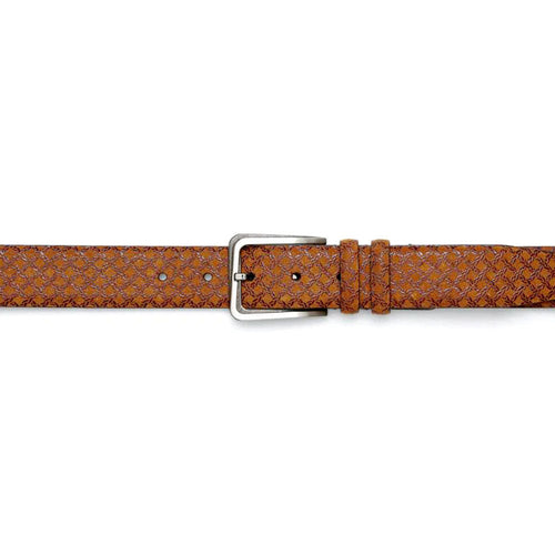Tan Mezlan belt. Textured pattern, silver buckle. Leather-like material. Adjustable with 5 holes. Single strap design.