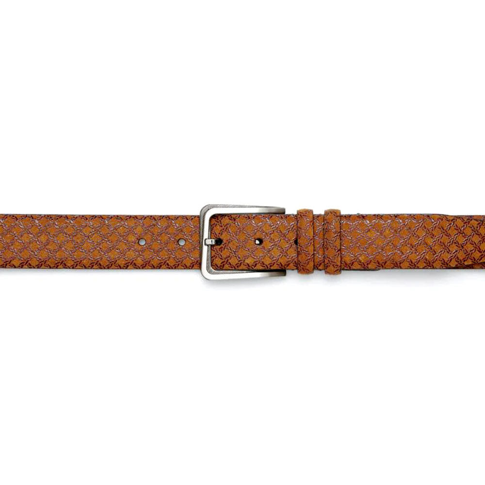 Tan Mezlan belt. Textured pattern, silver buckle. Leather-like material. Adjustable with 5 holes. Single strap design.