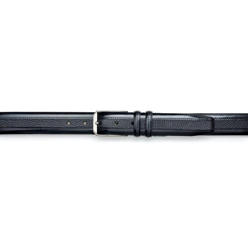 Mezlan black deerskin belt. Smooth texture with subtle pattern. Rectangular silver buckle. Multiple adjustment holes.

