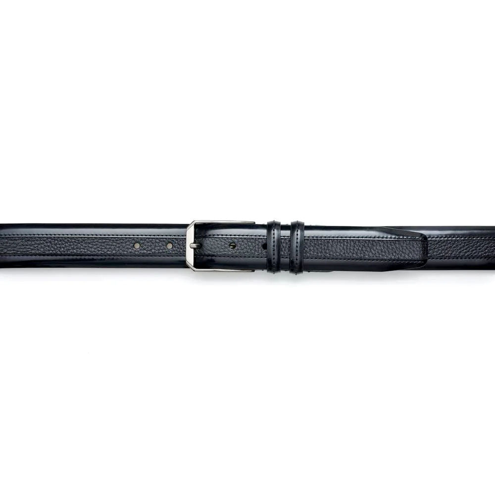 Mezlan black deerskin belt. Smooth texture with subtle pattern. Rectangular silver buckle. Multiple adjustment holes.

