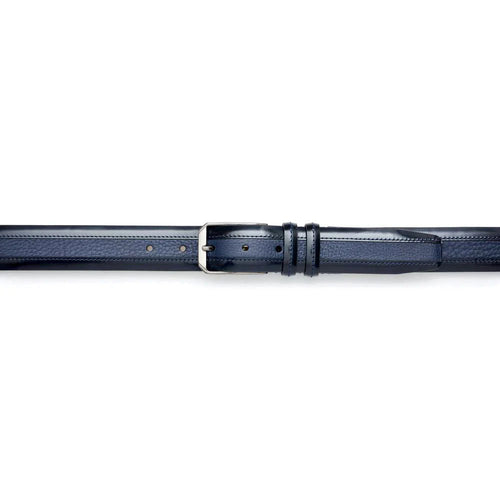 Mezlan blue deerskin belt. Smooth, elongated shape with a shiny finish. Silver buckle and multiple adjustment holes.
