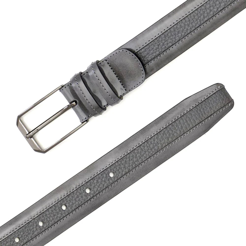 Mezlan gray deerskin belt. Smooth, subtly textured leather. Standard width. Rectangular metal buckle. Adjustable with multiple holes.
