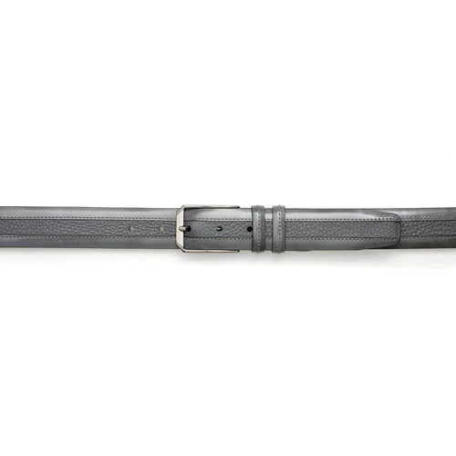 Gray Mezlan deerskin belt with a smooth texture. Straight, flat design with silver-tone rectangular buckle. Five adjustment holes, subtle stitching, and keeper loop.
