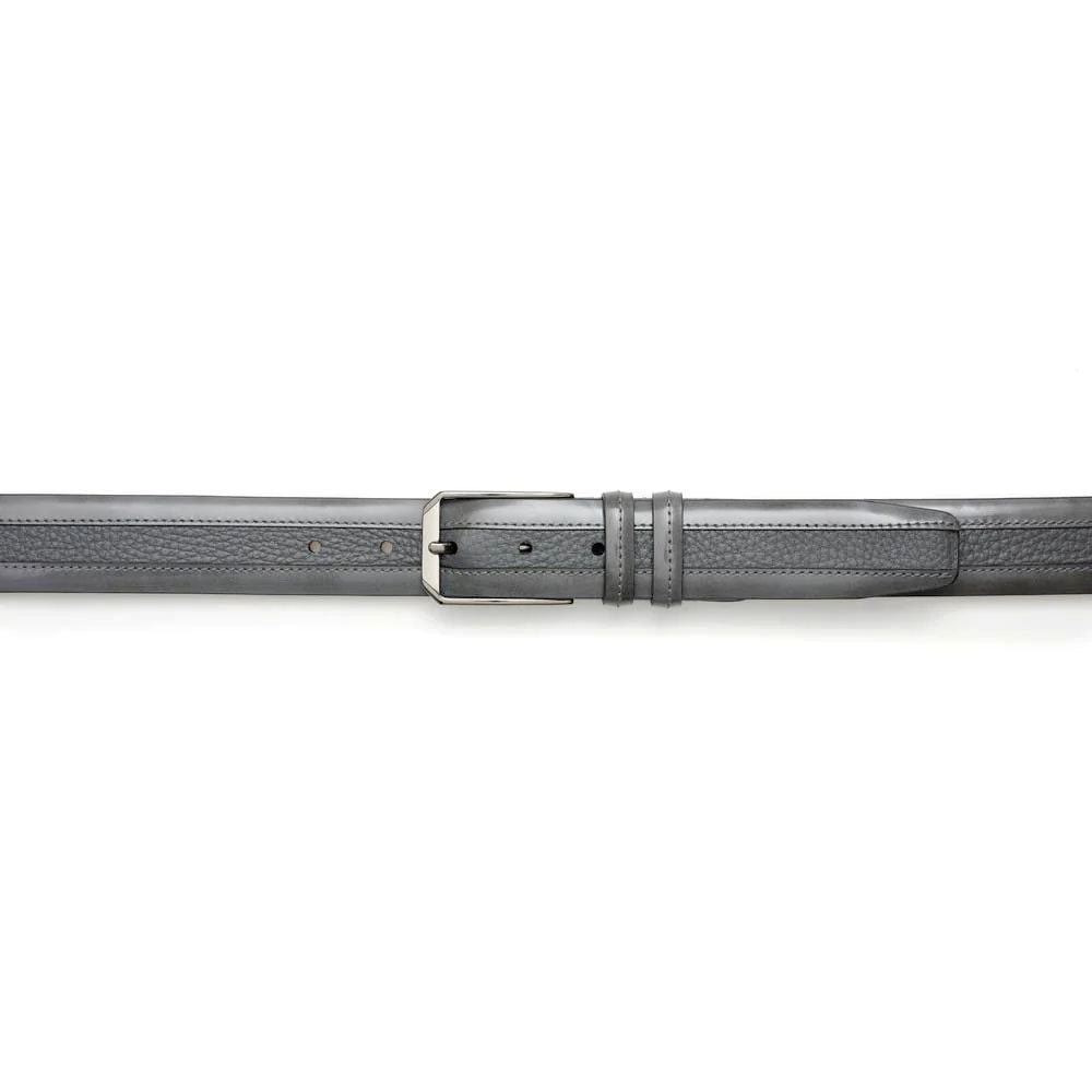 Gray Mezlan deerskin belt with a smooth texture. Straight, flat design with silver-tone rectangular buckle. Five adjustment holes, subtle stitching, and keeper loop.

