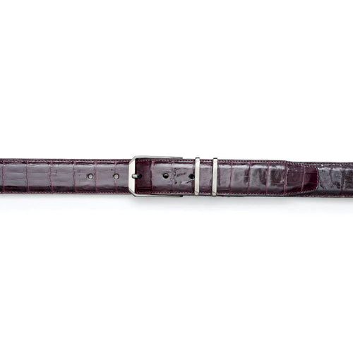 Burgundy Mezlan crocodile belt: smooth, shiny surface with raised scales. Features a polished metal buckle and adjustable belt holes. Made with genuine crocodile leather.
