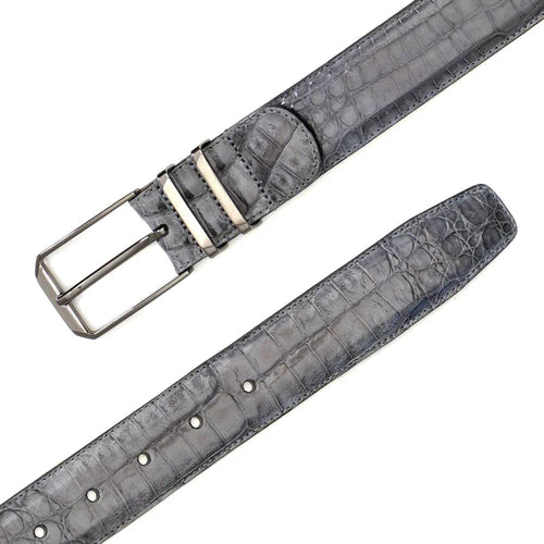 Grey Mezlan crocodile-textured belt. Metal buckle with two prongs. Adjustable with multiple holes. Rounded, tapered tip.
